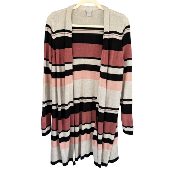 A6 Chicos Striped Duster Cardigan Sweater Size 1 M Gray Pink Black Open Front - Picture 1 of 6